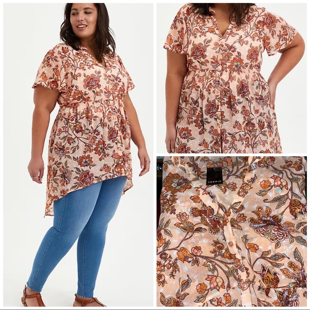 Torrid Lexie Babydoll Chiffon Floral pink coral & brown hi lo top.